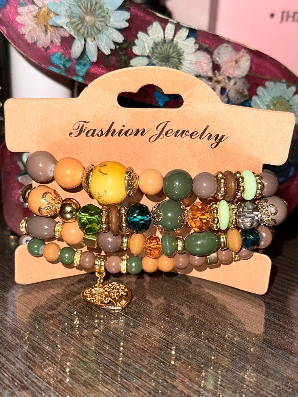 Fashion Jewelry Green, Yellow & Peach Beaded Stretch Bracelet Set